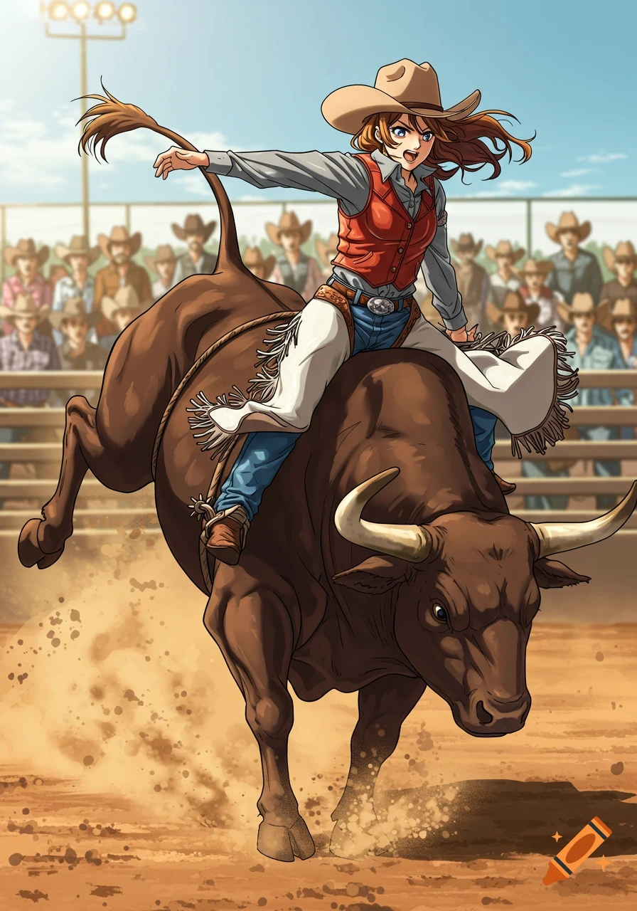 An anime cowgirl in a tan hat, red vest, and white chaps rides a bucking brown bull at a dusty rodeo arena.