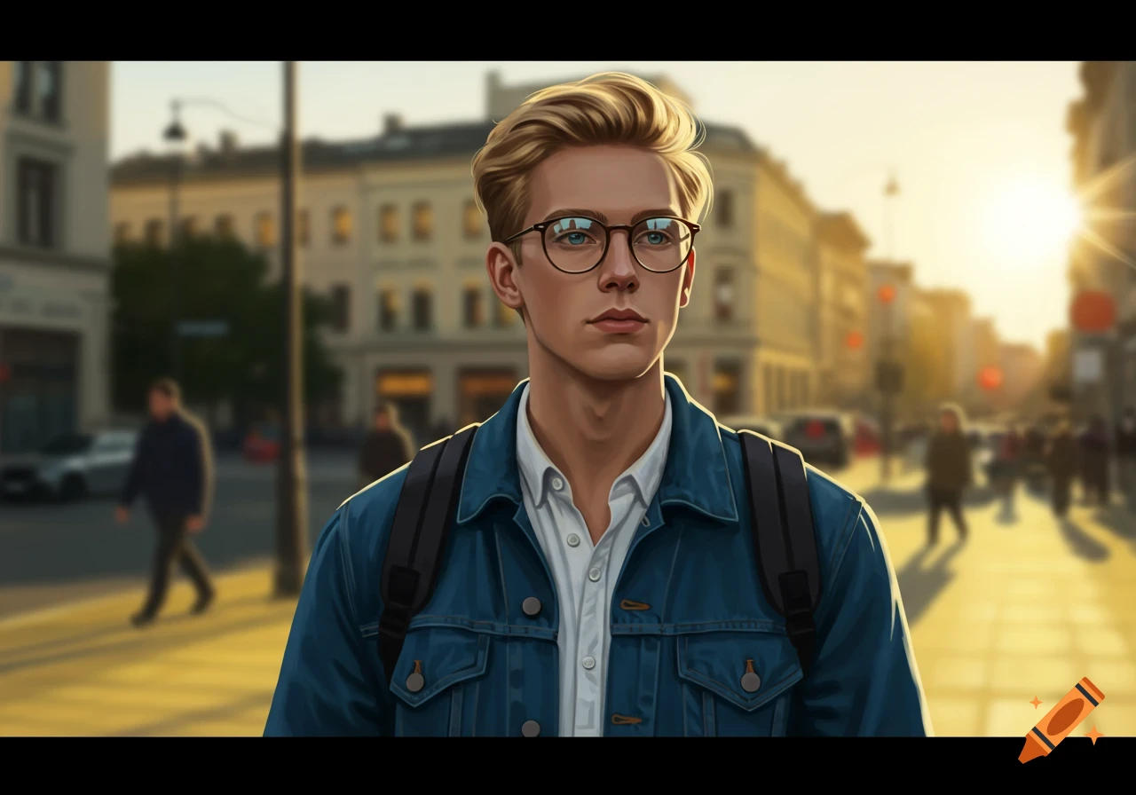 A stylized portrait of a young man with blond hair and glasses, wearing a denim jacket and backpack, walking on a city street at sunset.