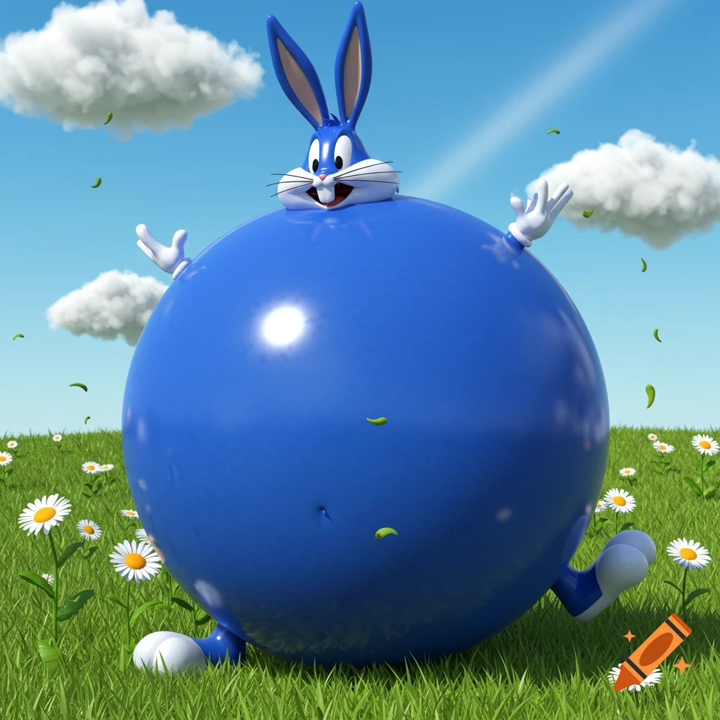A giant, blue, inflated Bugs Bunny sits in a grassy field with white daisies under a blue sky.