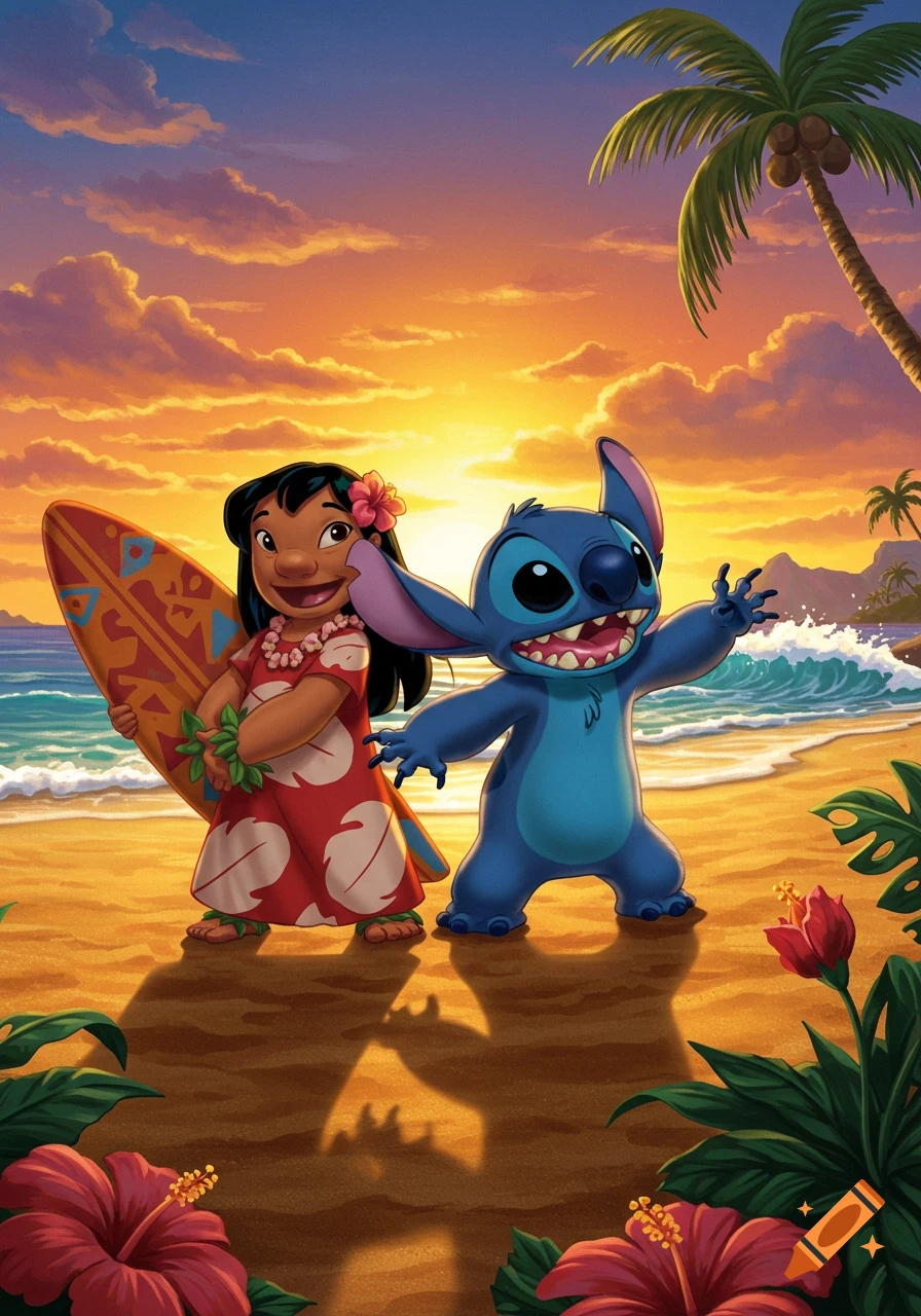 Lilo and Stitch stand on a beach with a surfboard at sunset, palm trees in background, animated style.