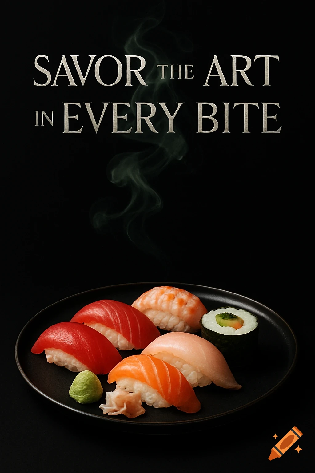Photorealistic image of a black plate with various sushi, wasabi, and pickled ginger, and the text 'SAVOR THE ART IN EVERY BITE'.