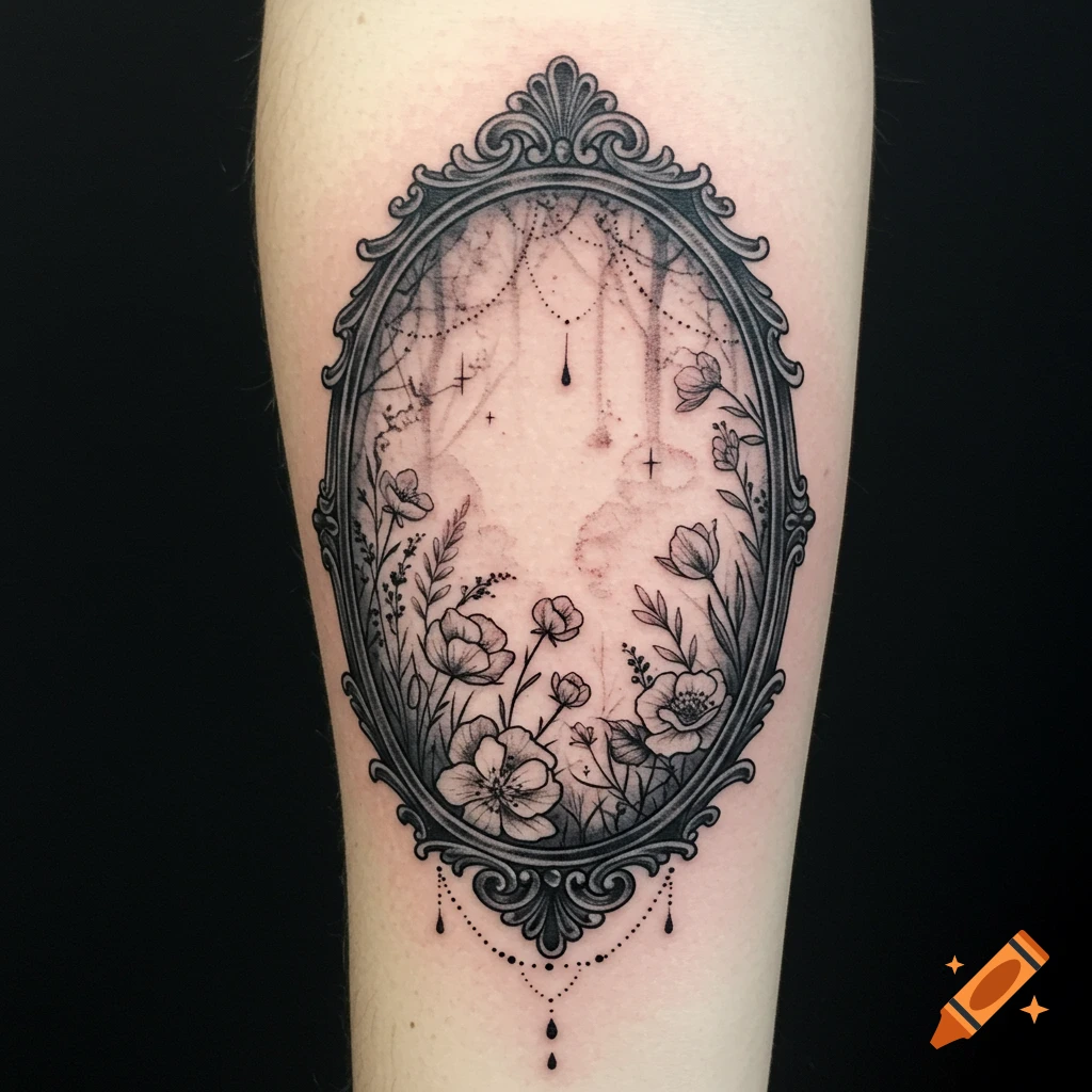 A black and grey tattoo on an arm, featuring an ornate oval frame with a dreamy forest scene inside, surrounded by detailed wildflowers.