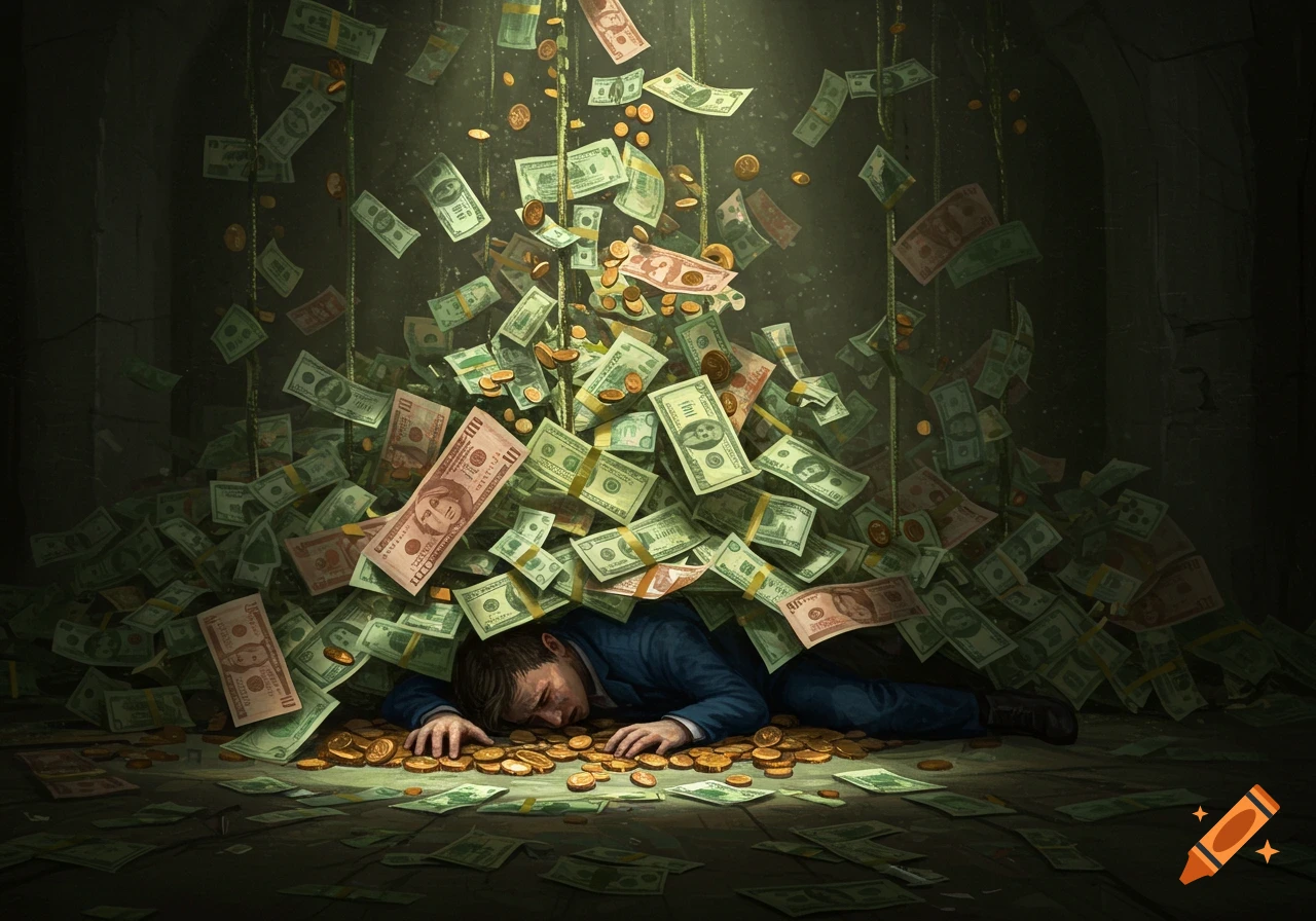 A man in a suit lies on the ground, buried under an enormous pile of money and coins, with more currency falling from above.