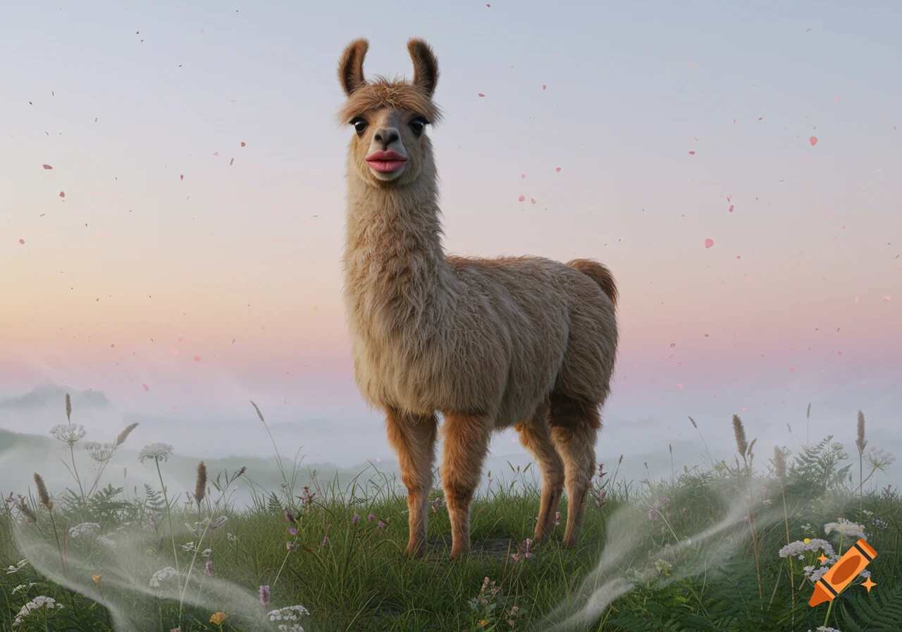 A fluffy llama with pink human lips stands in a misty, grassy field with pink petals falling under a soft sunset sky.