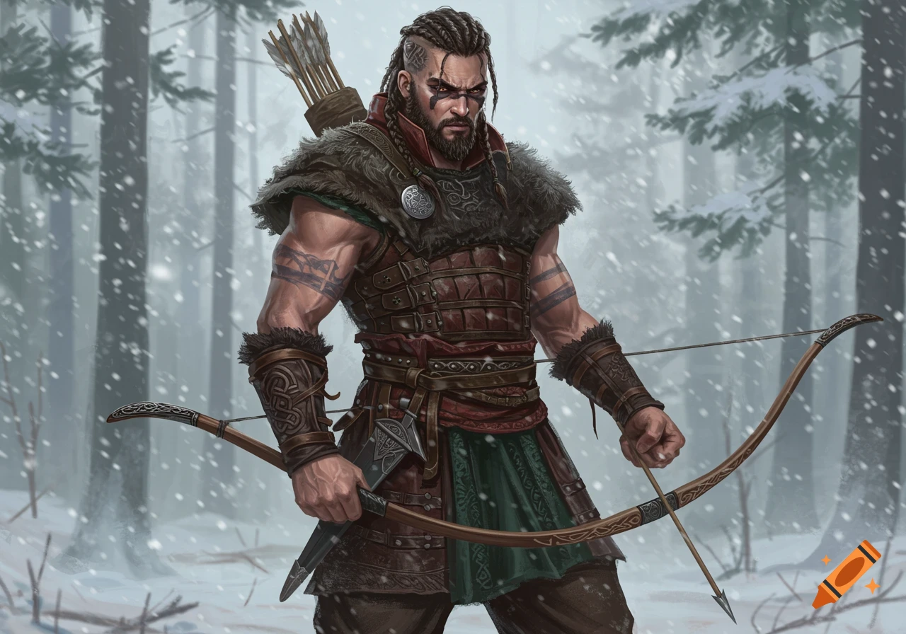 A muscular viking man with braided hair, a beard, and tribal tattoos stands in a snowy forest, holding a longbow. He wears fur and leather armor.