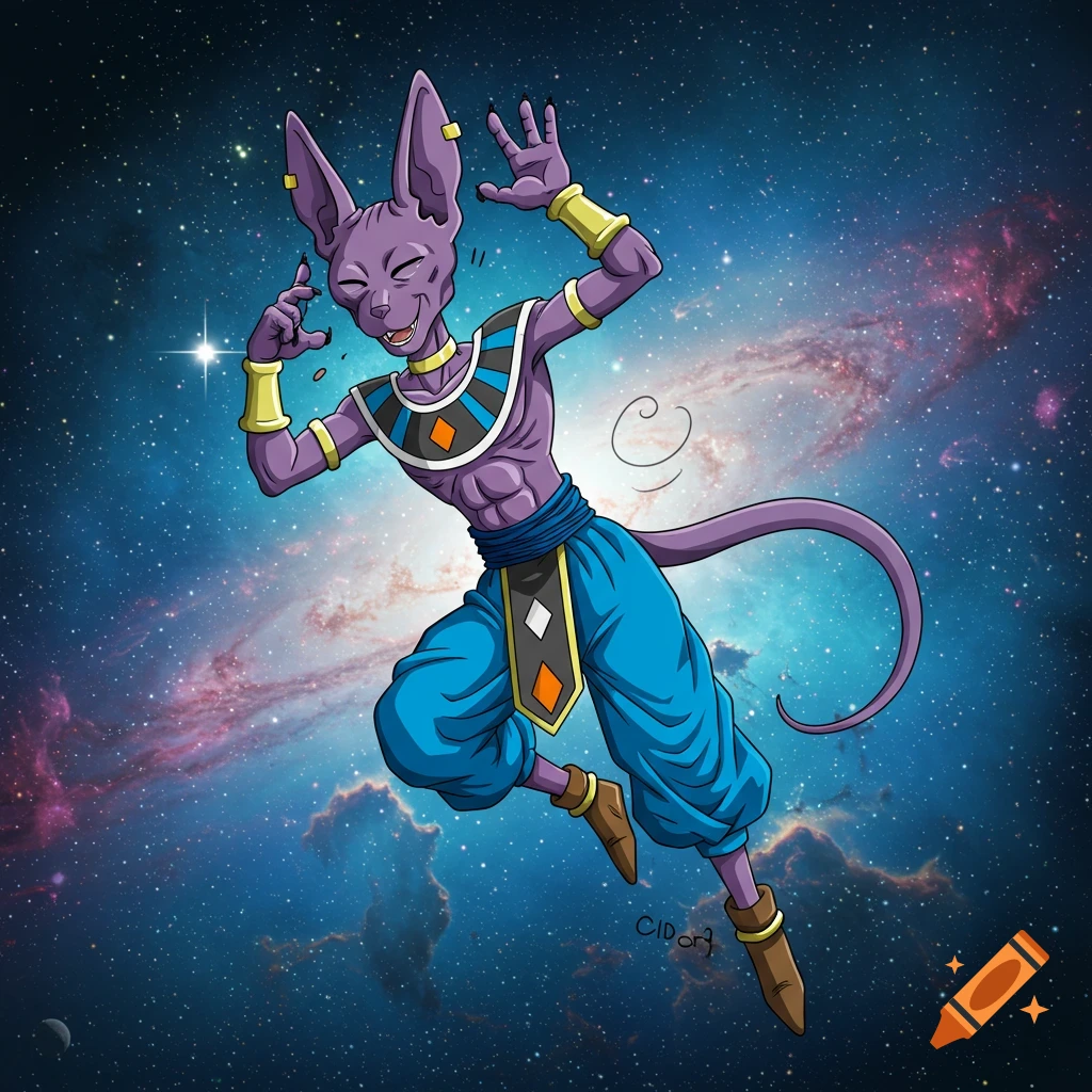 Beerus, a purple cat-like character from Dragon Ball Super, floats laughing in space with a starry galaxy background.
