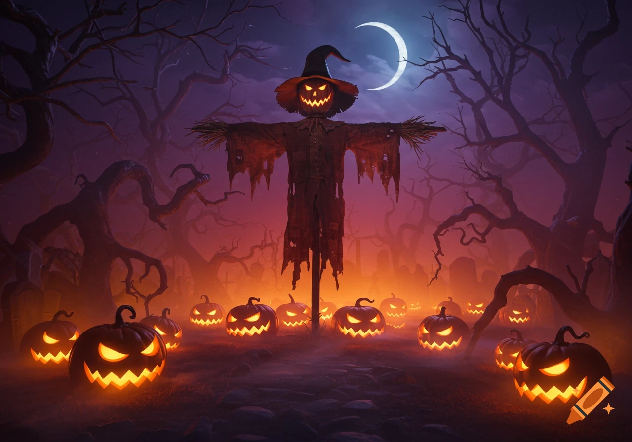 A glowing scarecrow with a pumpkin head stands amidst many glowing jack-o'-lanterns in a foggy, spooky forest under a crescent moon.
