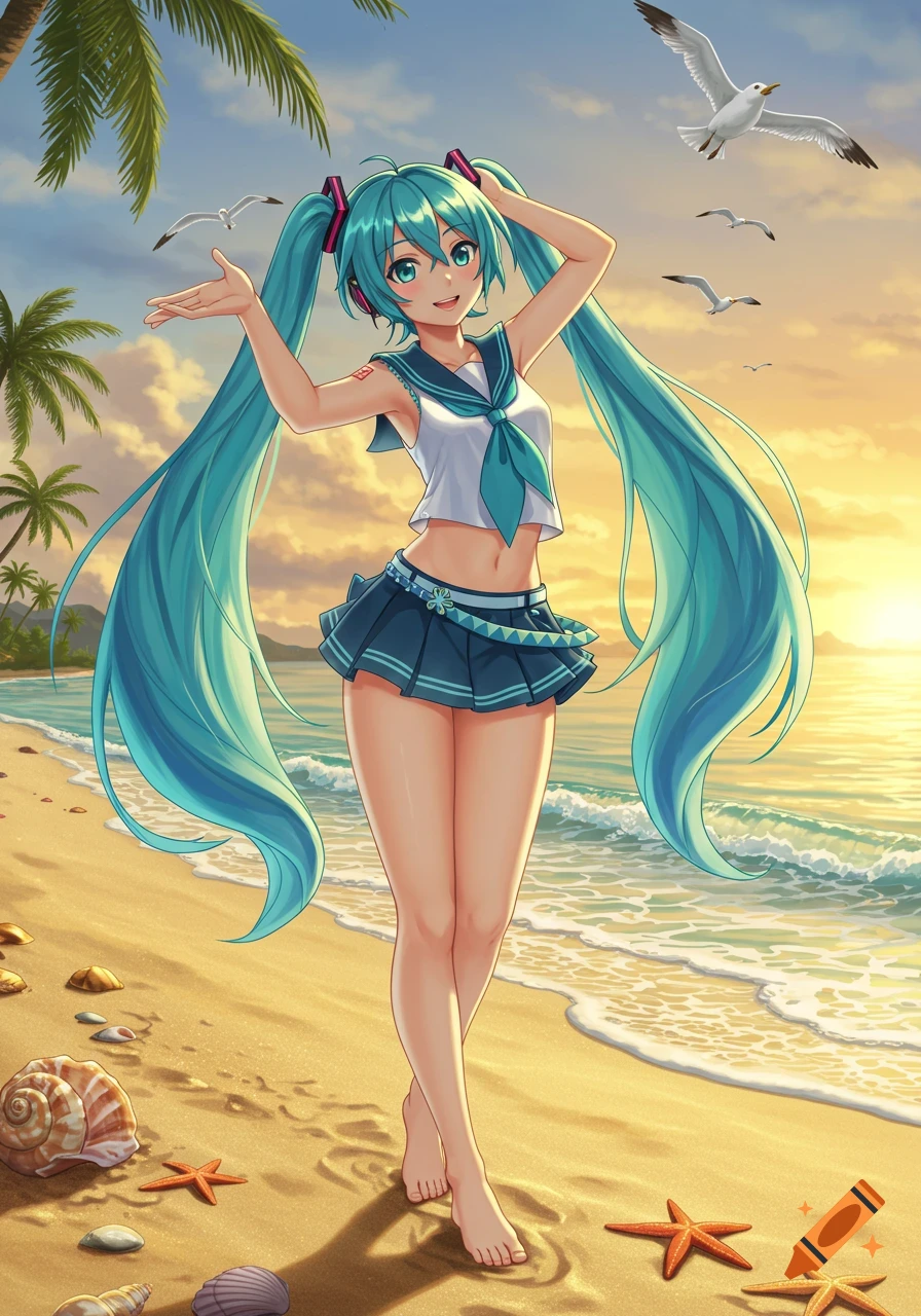 Hatsune Miku smiling in a sailor-style outfit on a vibrant beach at sunset with palm trees and seagulls.