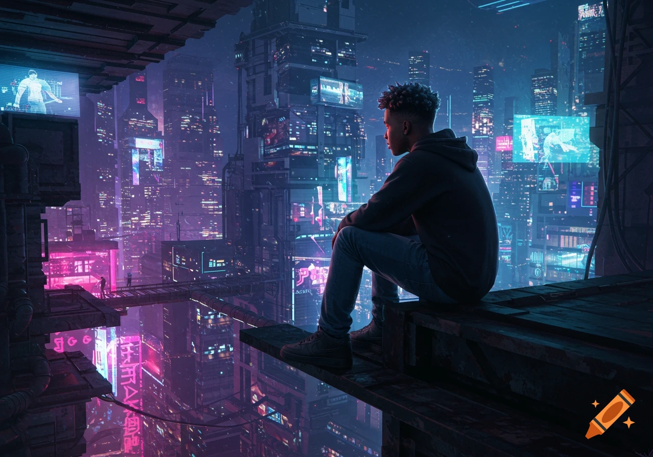 A young man with curly hair sits on a rooftop ledge, gazing at a vibrant, neon-lit cyberpunk city at night.