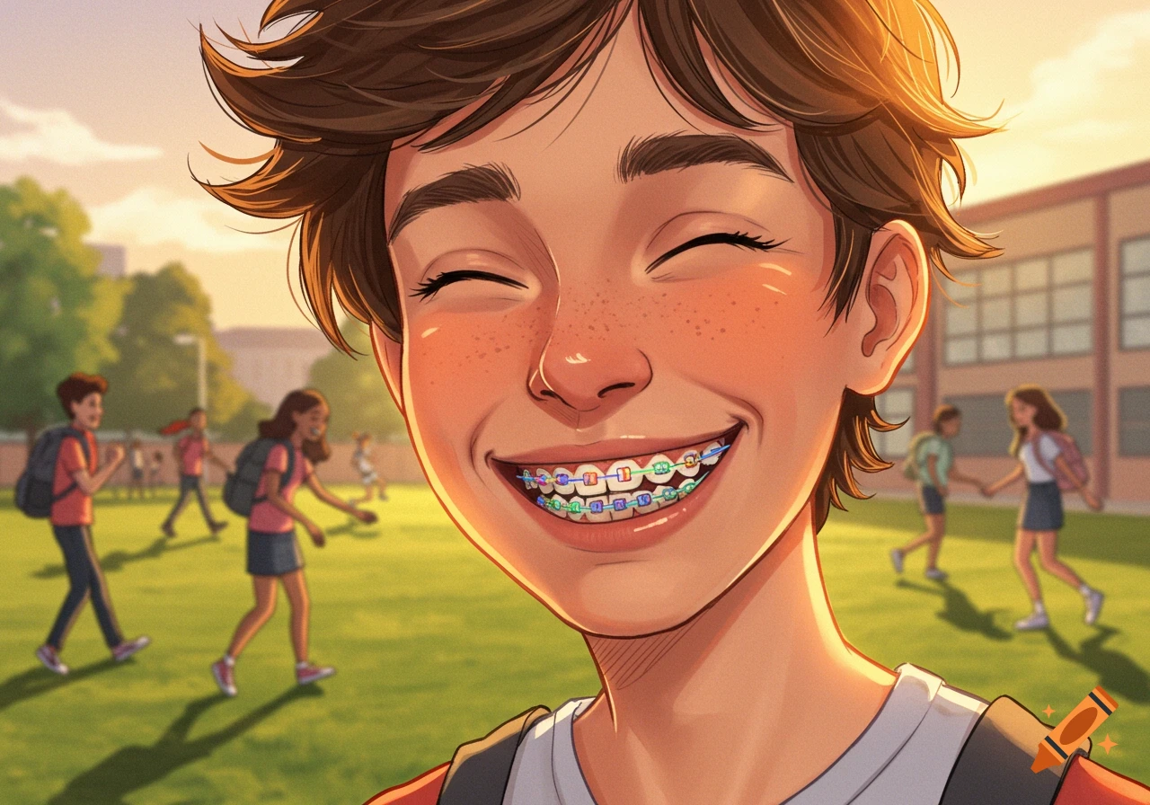 Close-up illustration of a smiling boy with colorful braces, eyes closed, in a sunny schoolyard with other students in the background.