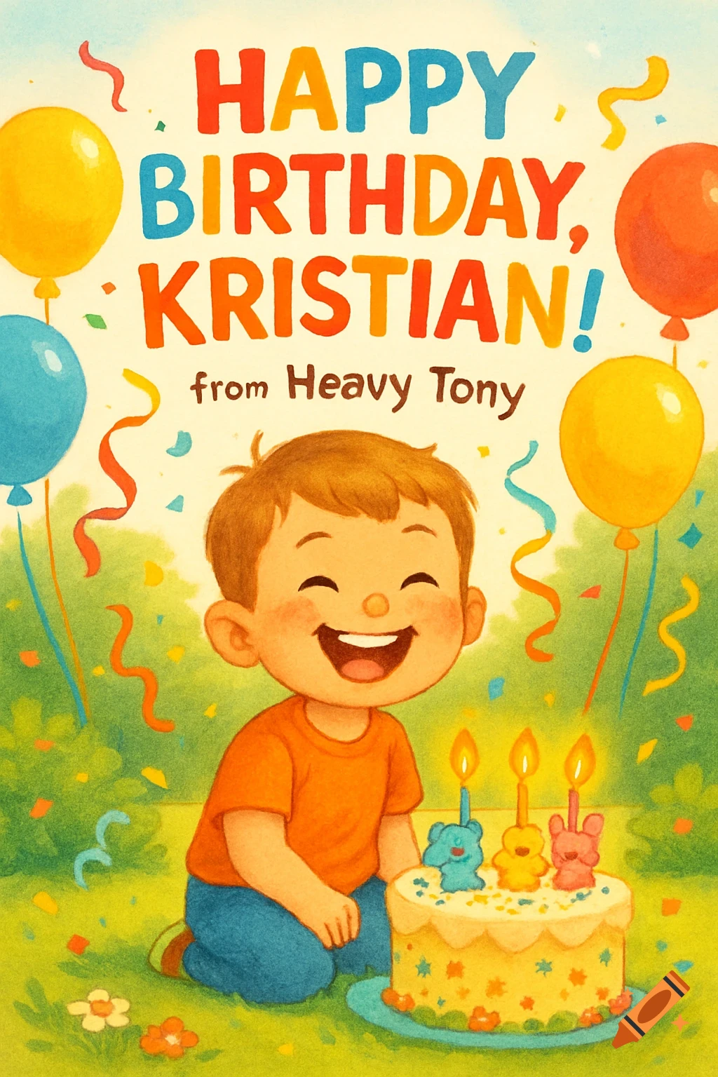 Happy cartoon boy kneels by a birthday cake with balloons, confetti, and "Happy Birthday, Kristian!" text.