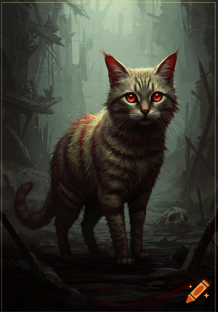 A tabby cat with glowing red eyes and red-streaked fur stands in a desolate, dark, post-apocalyptic landscape, in Zdzisław Beksiński's style.
