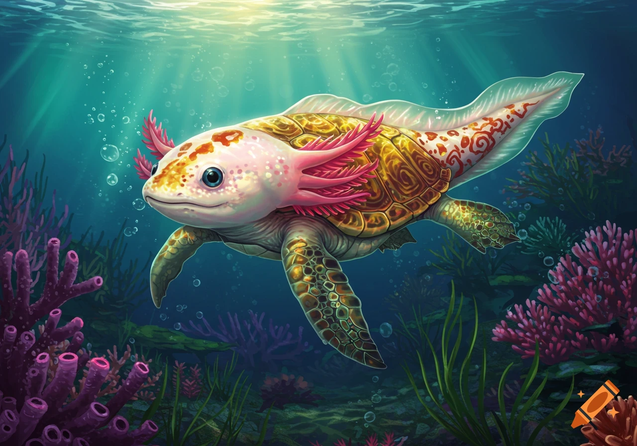 A vibrant, illustrative image of an axolotl, koi fish, and turtle hybrid swimming in a detailed underwater scene with coral and plants.