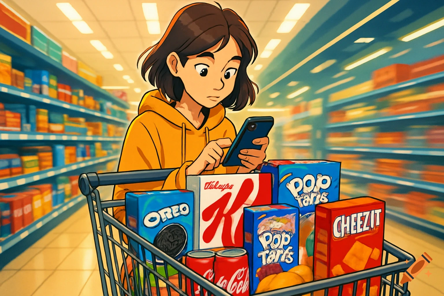 A young person in a yellow hoodie looks at their phone while pushing a shopping cart full of branded groceries through a supermarket aisle in an animated style.