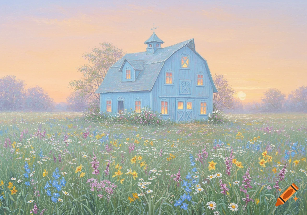 Rococo painting of a blue barn in a field of colorful wildflowers at sunset.