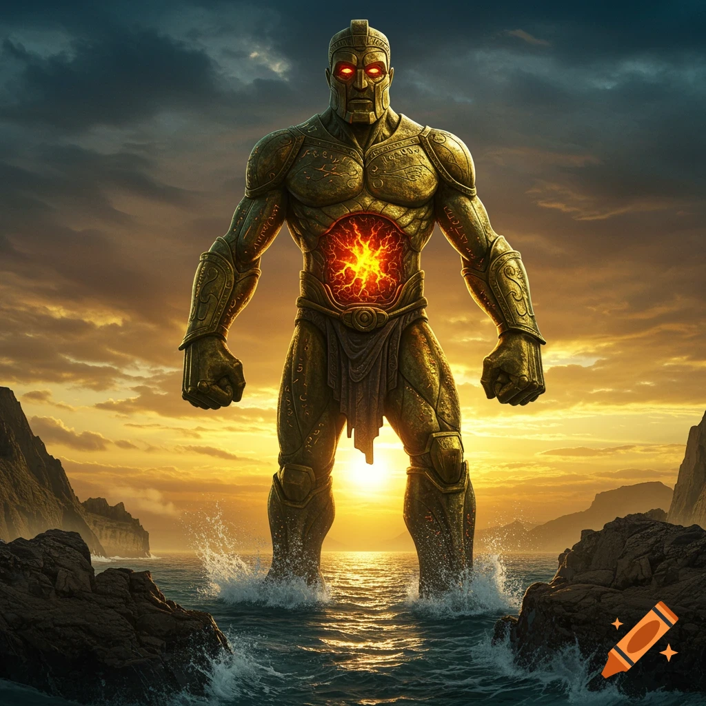 A giant, golden, ancient-looking colossus with glowing red eyes and a fiery core in its chest stands in the ocean at sunset, with waves splashing around its legs and mountains in the background.