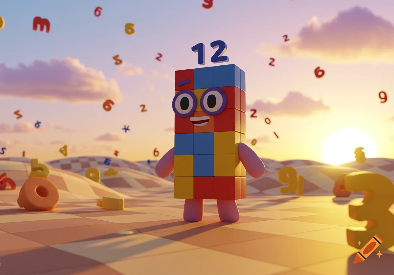 A colorful block character with the number 12 above its head stands on a checkered ground at sunset, with other numbers floating around.