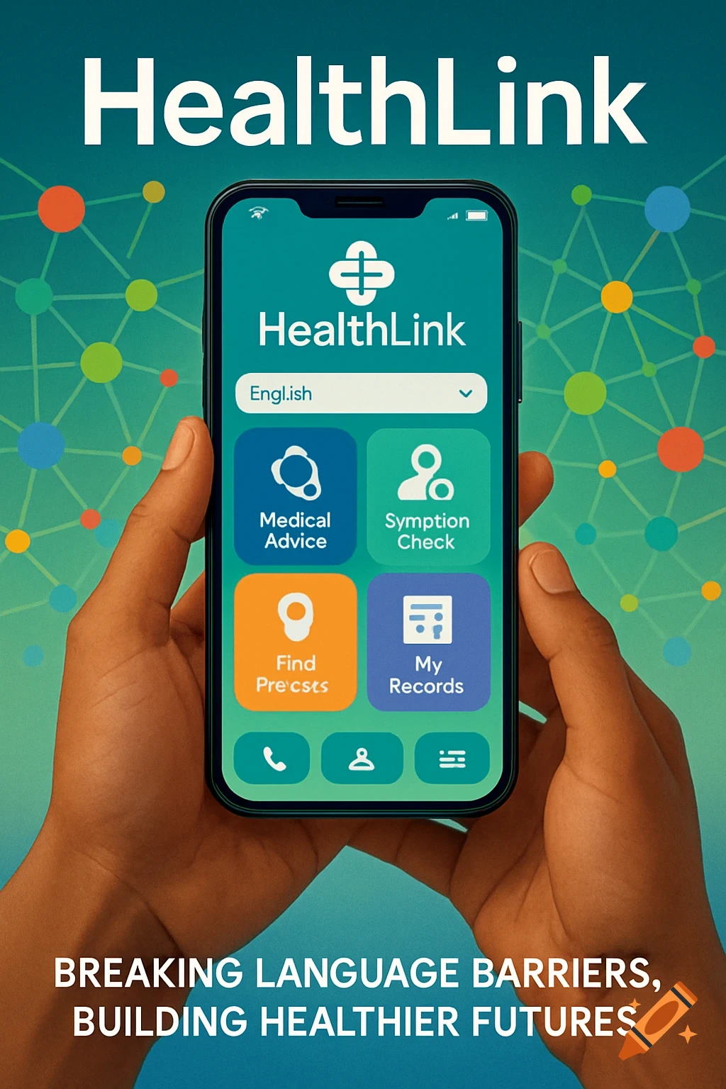 Hands holding a smartphone with a 'HealthLink' healthcare app interface. Background text reads 'Breaking Language Barriers, Building Healthier Futures'.
