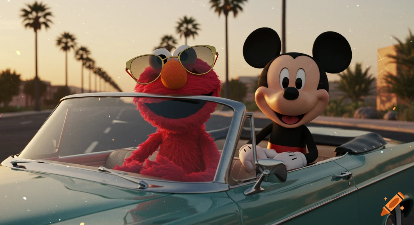 Elmo in sunglasses and Mickey Mouse ride in a vintage convertible down a palm-lined road at sunset, with old camera footage effects.