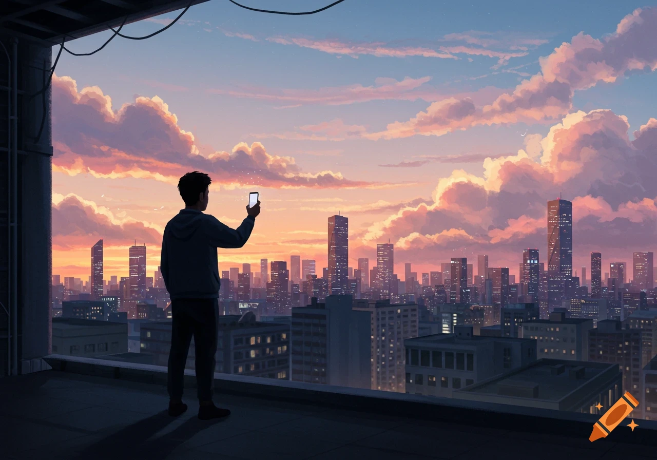 A person stands on a rooftop, silhouetted against a vibrant sunset sky, holding a phone up to photograph the sprawling city skyline below. Anime style.