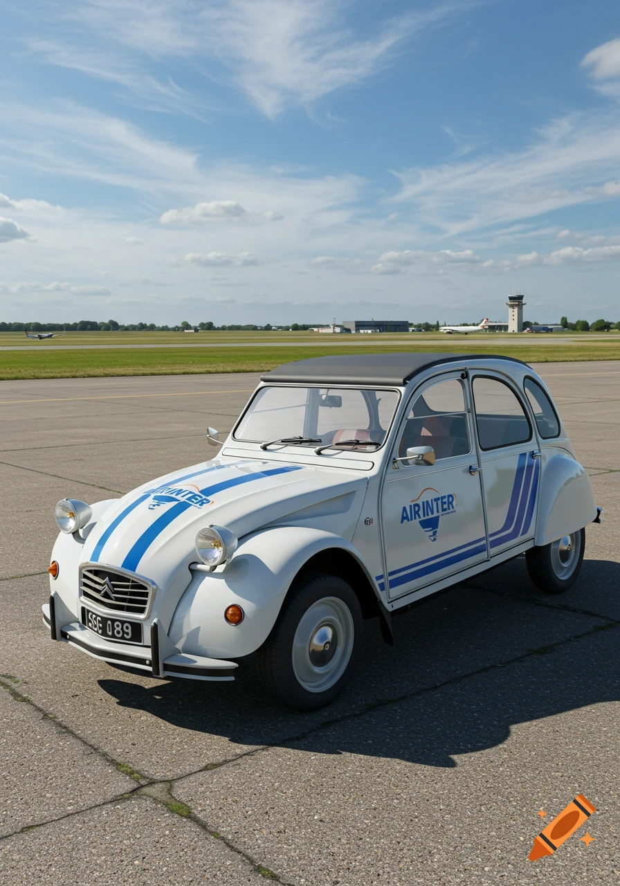 A white Citroen 2CV car with blue stripes and 'AIR INTER' branding parked on an airport tarmac with airplanes and a control tower in the background.