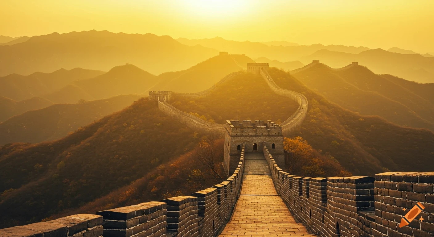 The Great Wall of China winding across rolling mountains at sunset, bathed in warm golden light.
