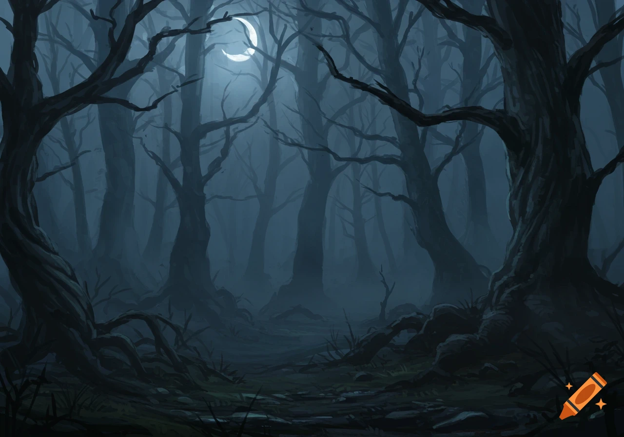 A dark, eerie forest scene at night with bare, gnarled trees, illuminated by a crescent moon in a hazy blue sky.