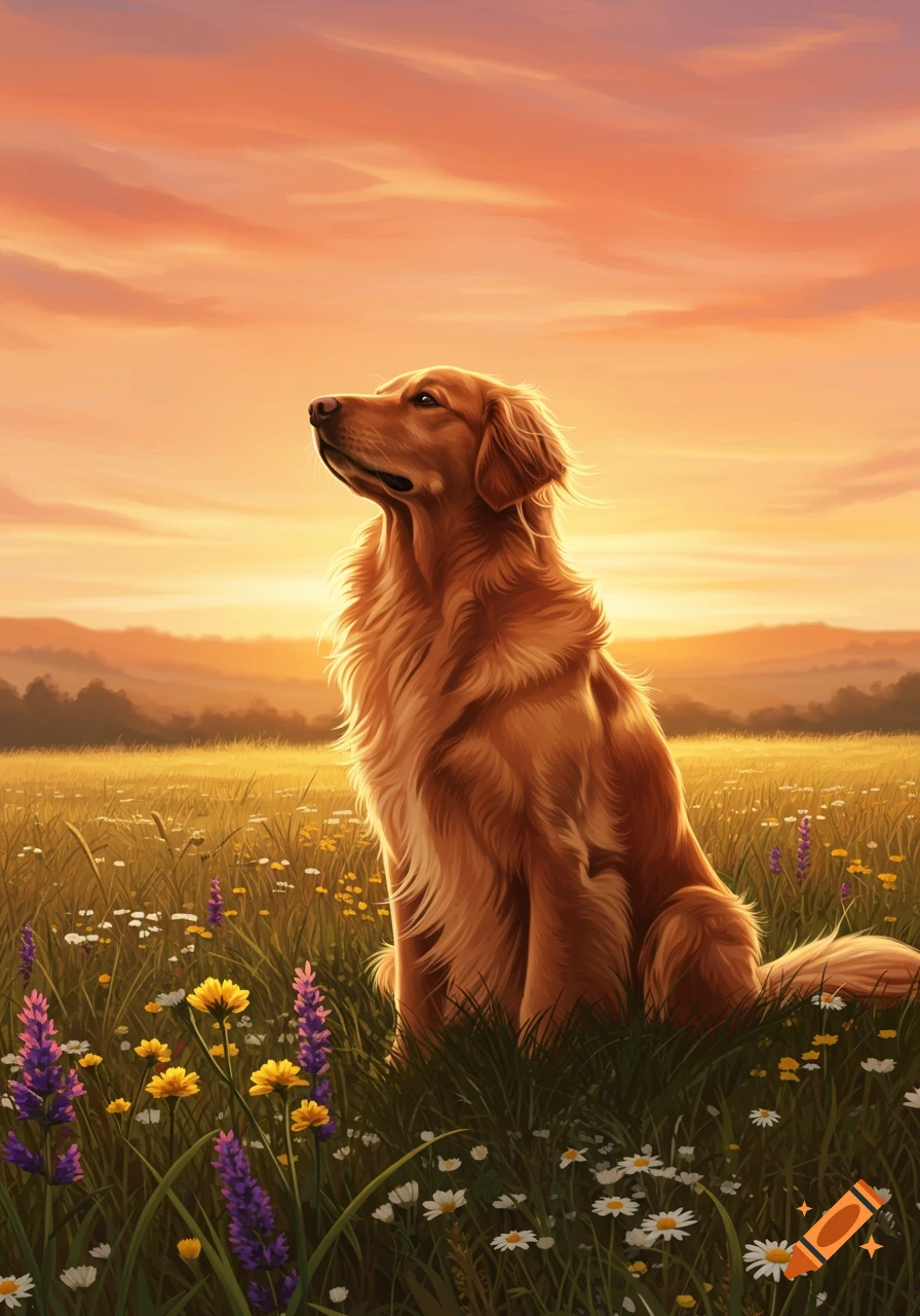 A golden retriever sits in a field of wildflowers at sunset, looking up at the orange and pink sky. Stylized digital art.