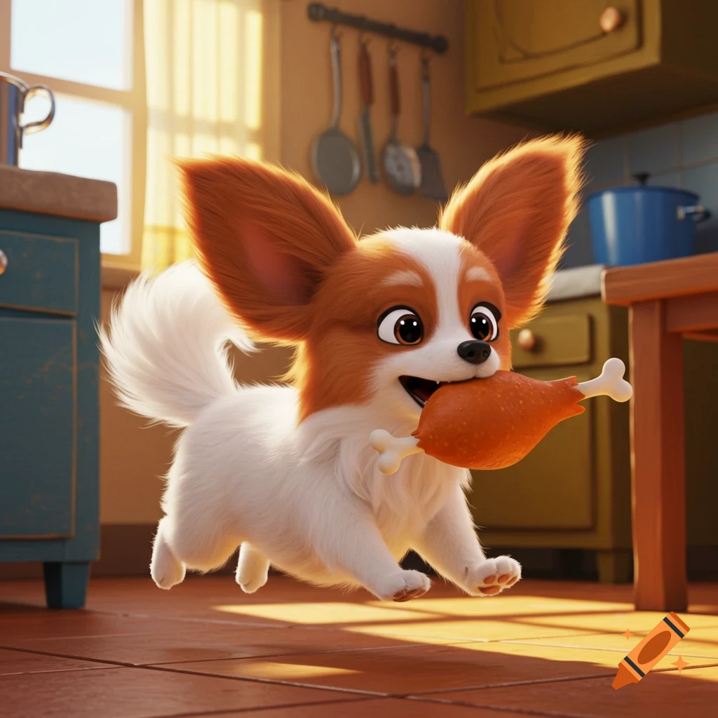 A cartoon papillon dog with large ears runs through a kitchen, holding a large cooked chicken drumstick in its mouth.