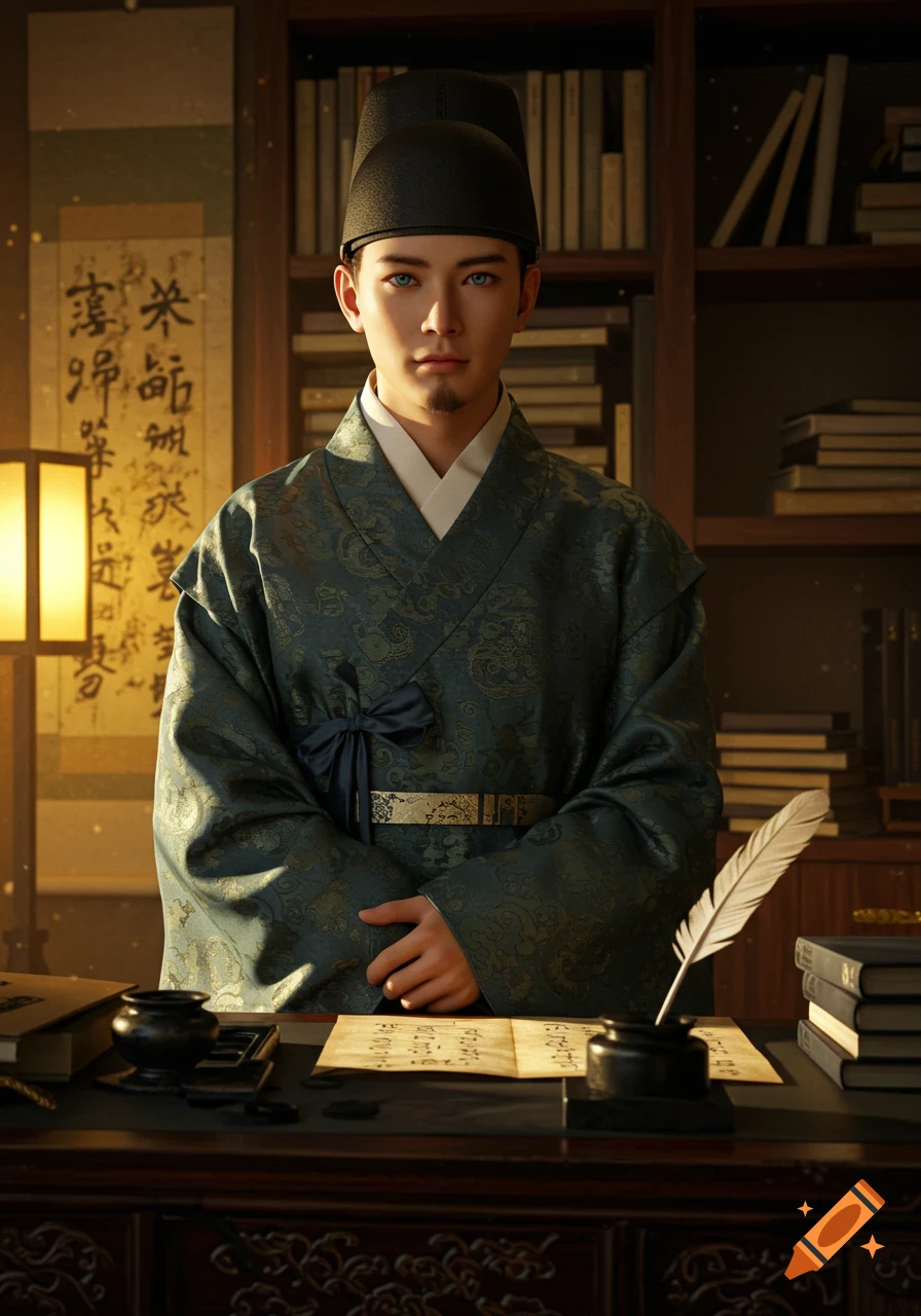 A photorealistic portrait of a young Korean/Japanese scholar in traditional attire and hat, seated at a desk with books and writing tools in a dim study.