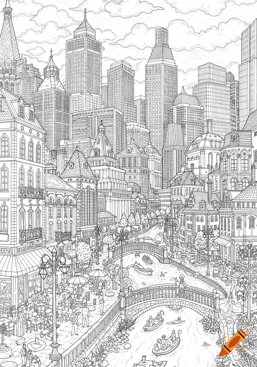 Detailed black and white line drawing of a bustling city with a river flowing through it, featuring buildings, bridges, people, and boats, in a coloring book style.