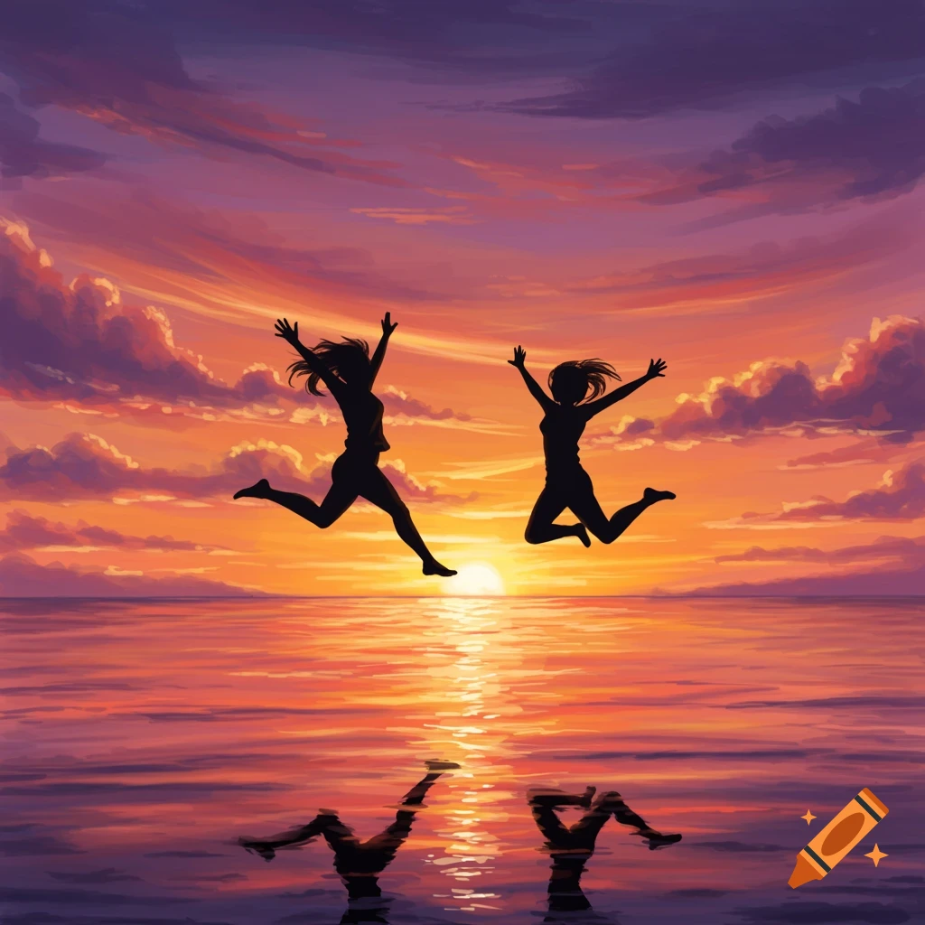Two silhouetted figures jump joyfully against a vibrant orange and purple sunset over calm water.