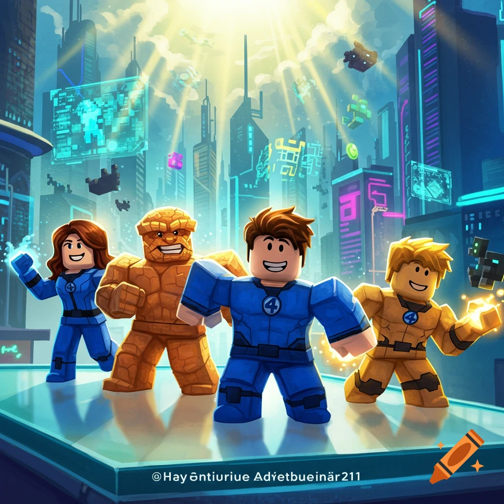 Roblox-style Fantastic Four characters, including Thing, Invisible Woman, Mr. Fantastic, and Human Torch, standing in a futuristic city under a bright sky.
