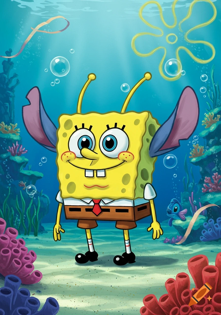 SpongeBob SquarePants character with Stitch's ears and antennae stands underwater with coral and bubbles in a cartoon style.