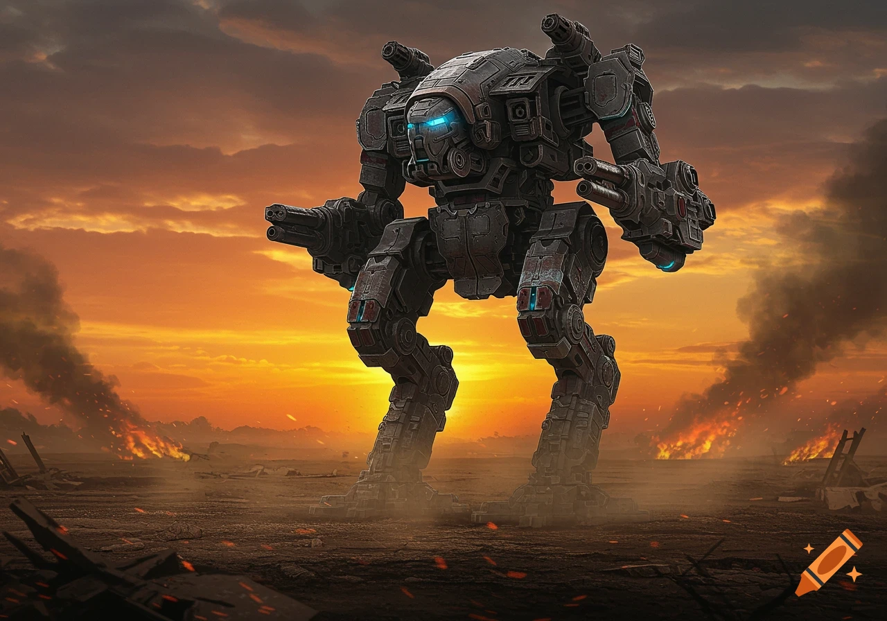 A giant war mech stands in a desolate, burning battlefield against a vibrant orange sunset sky.