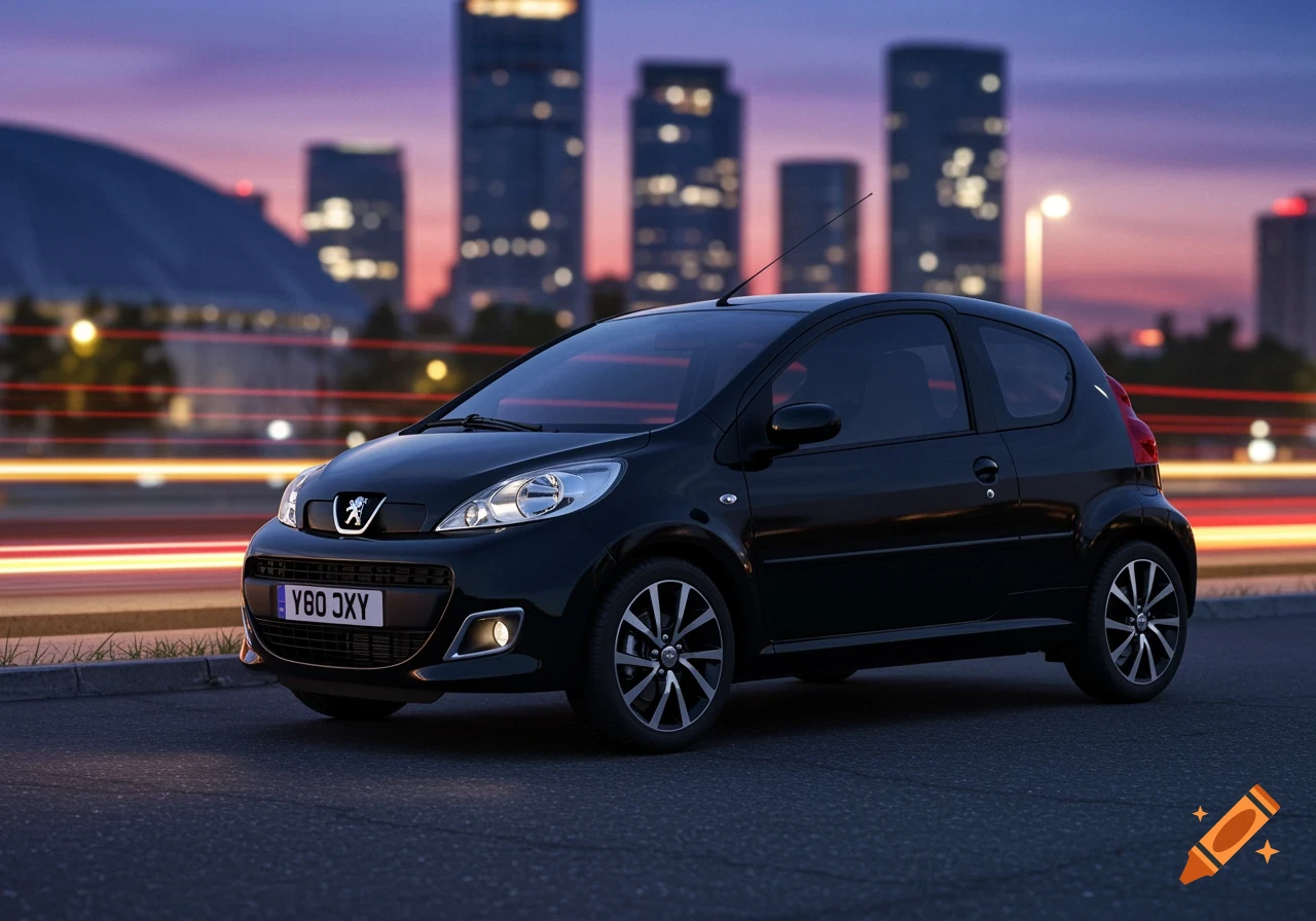 A black Peugeot 107 car is parked on a city street at dusk, with blurred building lights and light trails in the background.
