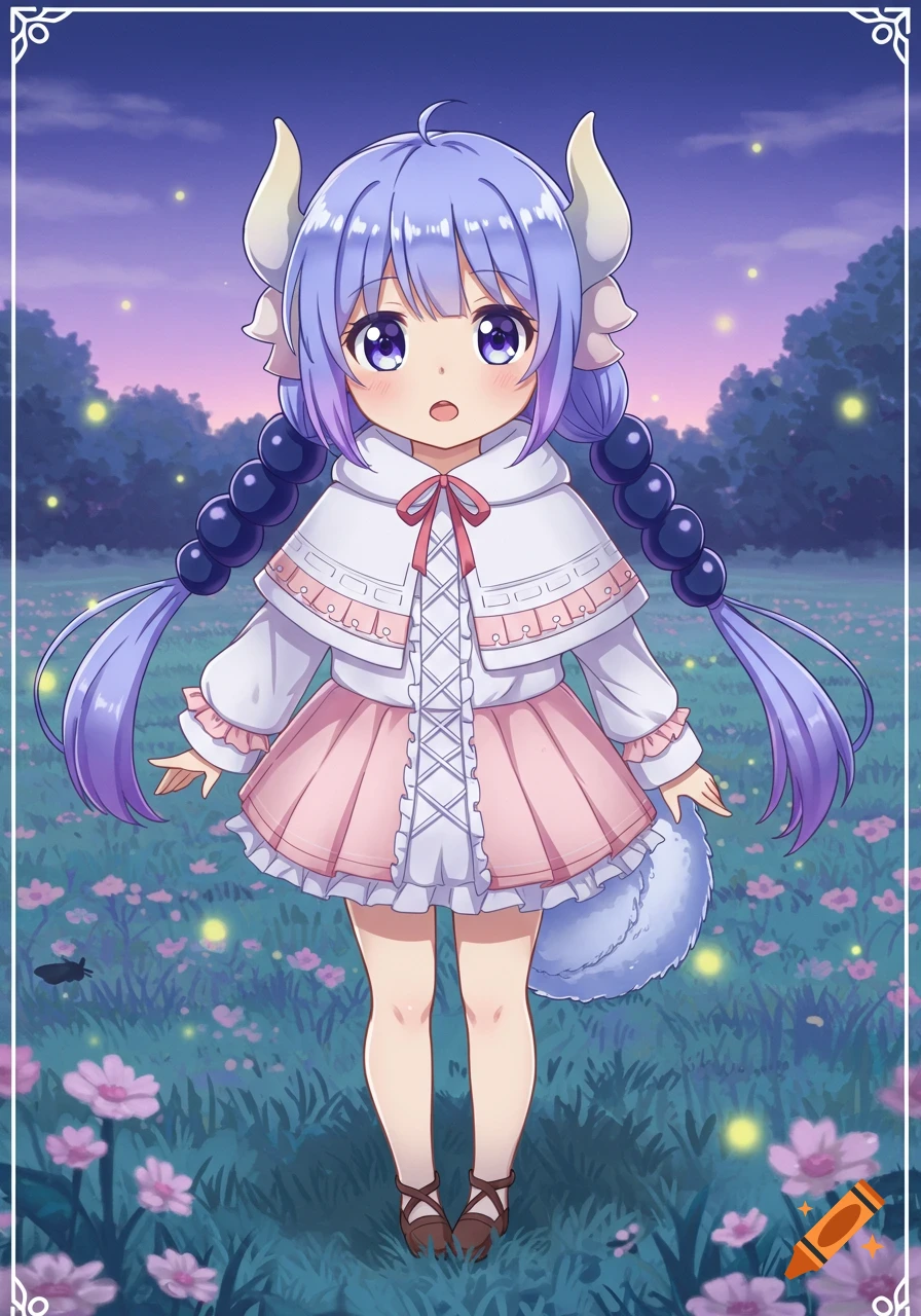 Cute anime girl Kanna Kamui with purple hair, horns, and a fluffy tail stands in a field of purple flowers at dusk with fireflies.