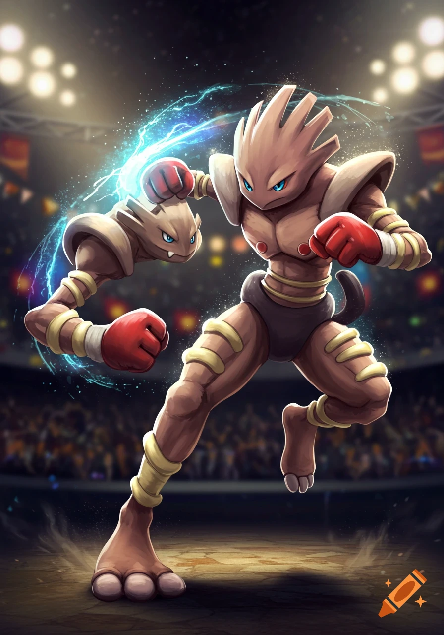 A powerful Hitmonlee and Hitmonchan fusion Pokemon in a boxing ring, striking a dynamic pose with electric energy.