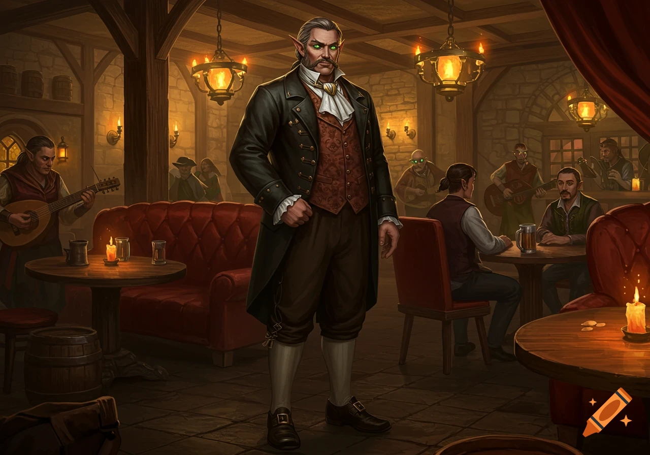 A distinguished fantasy nobleman with pointed ears and green eyes stands in a bustling, candlelit medieval tavern.