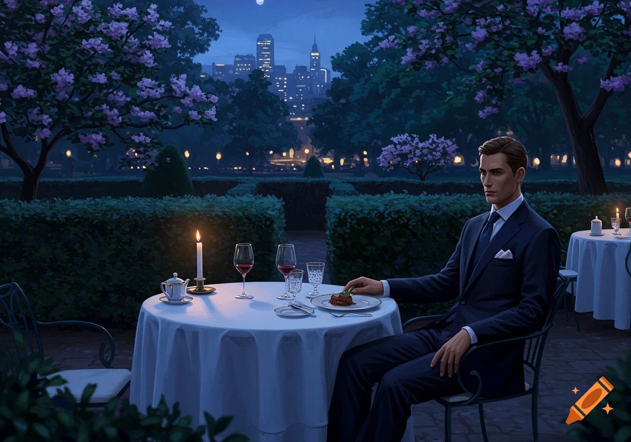 A well-dressed man sits at a candlelit table for an outdoor dinner in a city park at night, with a distant city skyline.