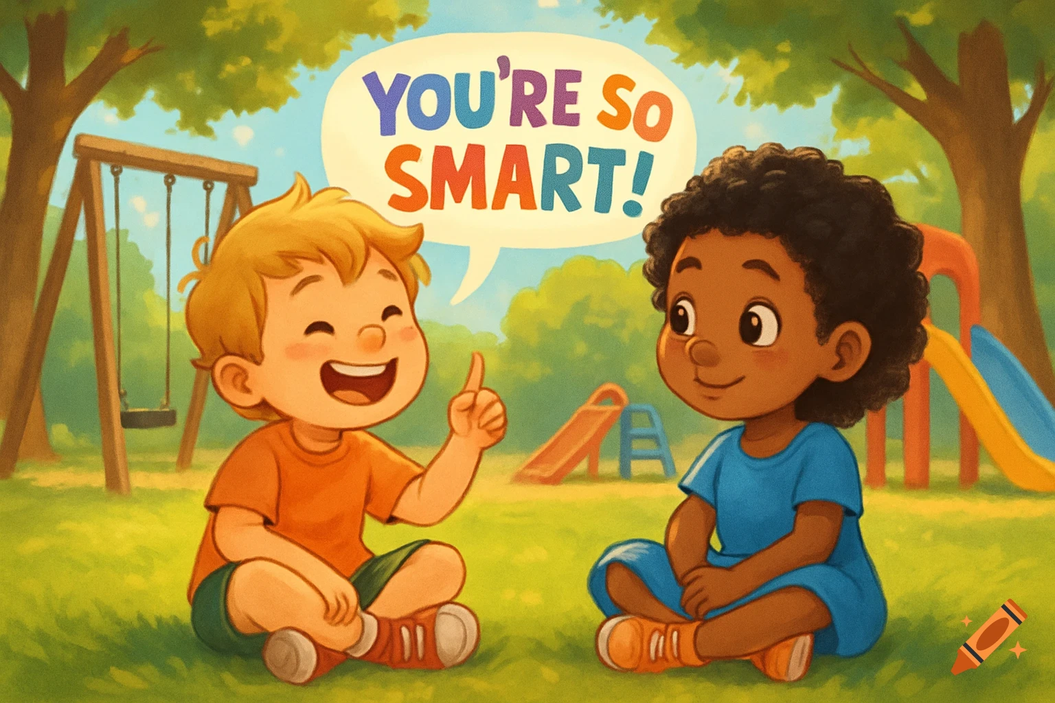 A happy cartoon boy points and says "You're so smart!" to another boy in a playground illustration.