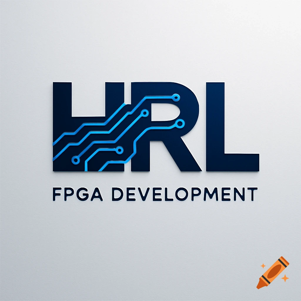 A dark blue 3D logo with 'HRL' featuring blue circuit board lines inside, and 'FPGA DEVELOPMENT' text below on a light gray background.