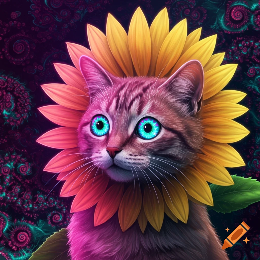 A vibrant, psychedelic cat with large glowing blue eyes and sunflower petals around its head, against a swirling fractal background.