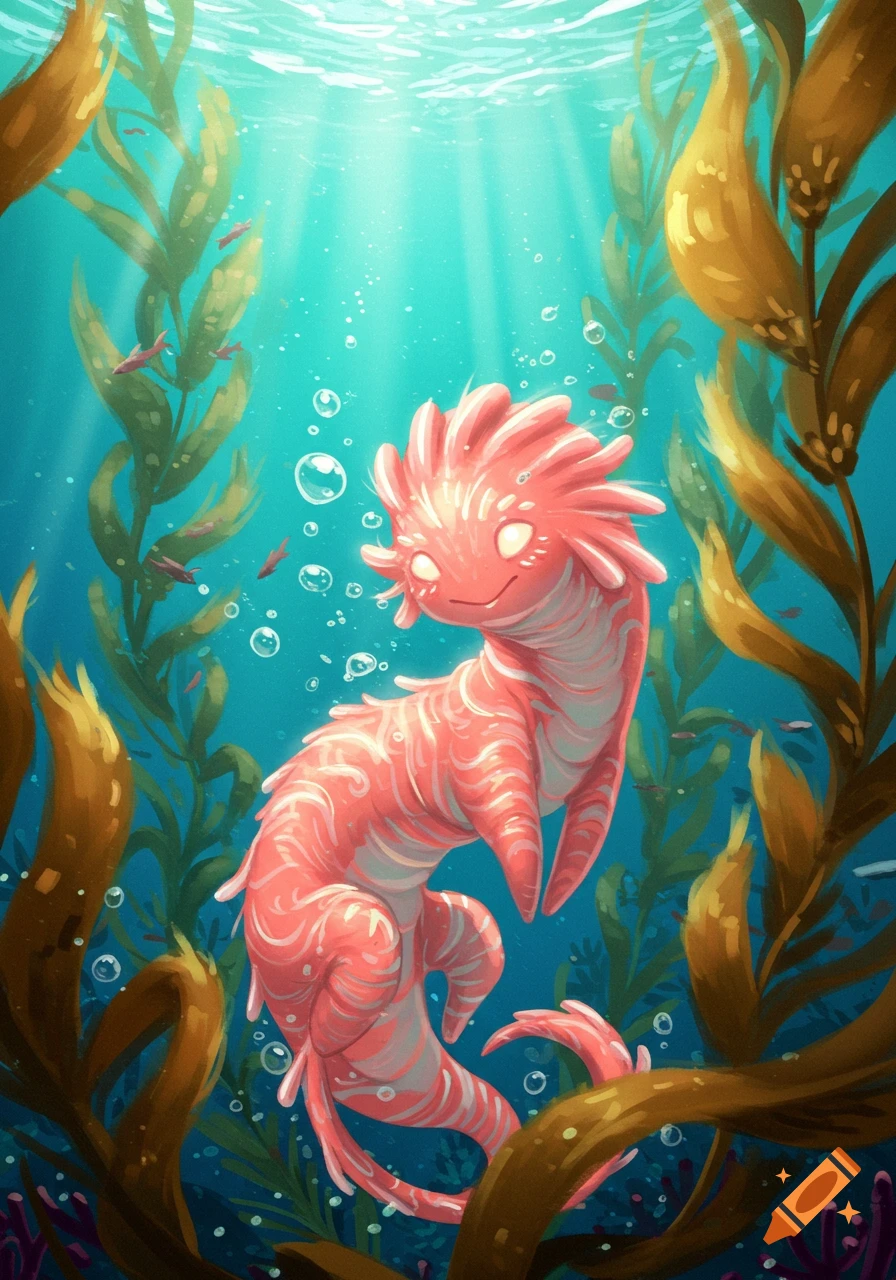 A pink, spiky, happy-looking aquatic creature swims among tall brown kelp in a clear blue underwater illustration with sunlight rays and bubbles.