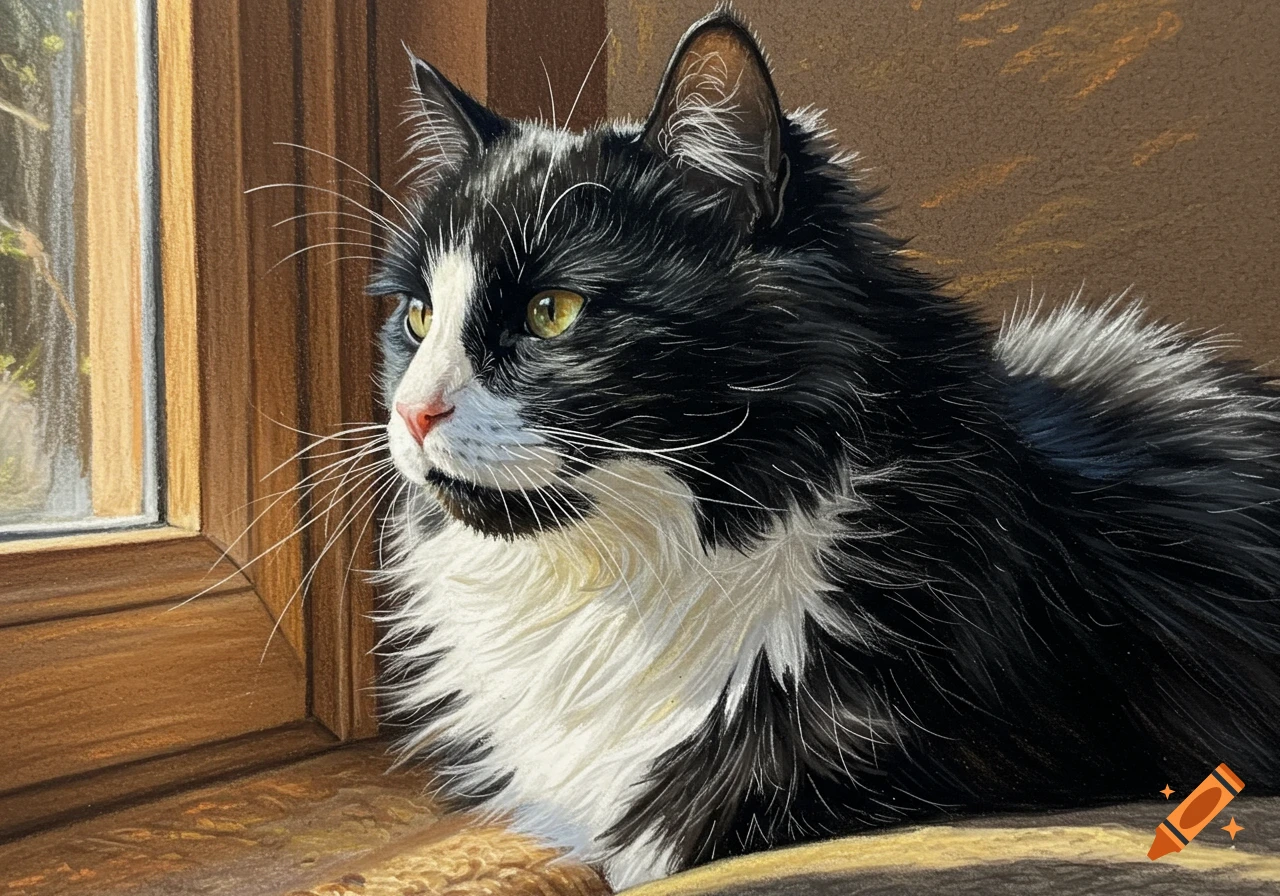 Detailed realistic drawing of a black and white tuxedo cat looking out a wooden window, bathed in sunlight.