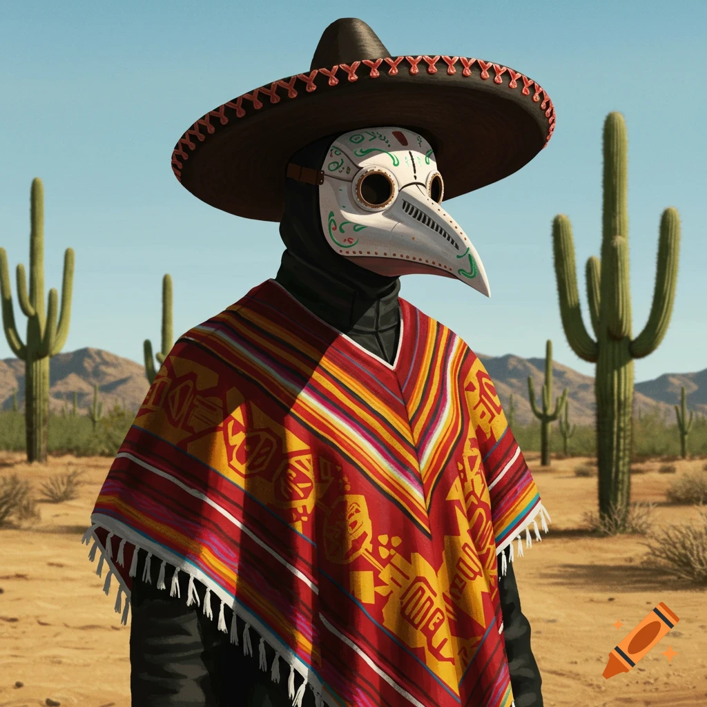 A photorealistic image of a plague doctor wearing a sombrero and a colorful striped poncho, standing in a desert with saguaro cacti.
