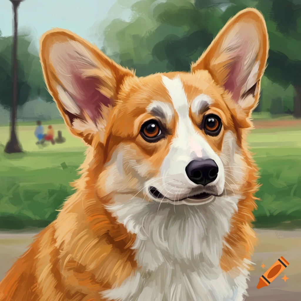 A close-up, painterly portrait of a corgi dog in a park with a blurry green background.
