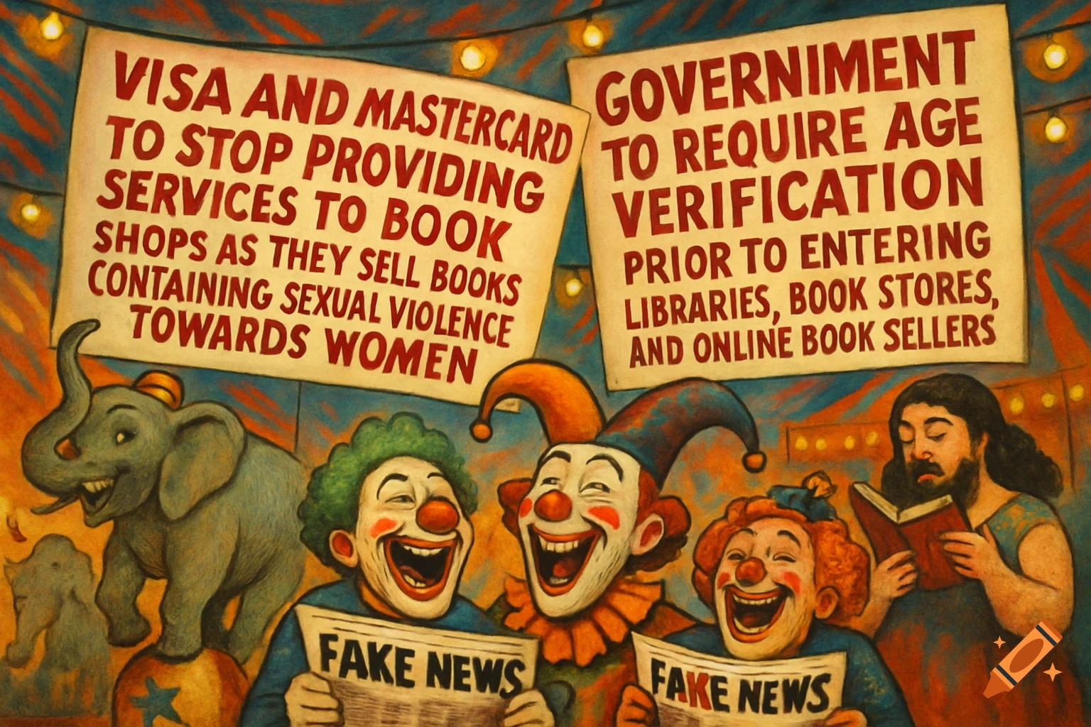 A satirical illustration depicting clowns and an elephant in a circus tent with signs about censorship and age verification for books, alongside a man reading a book. Clowns hold newspapers reading "FAKE NEWS."