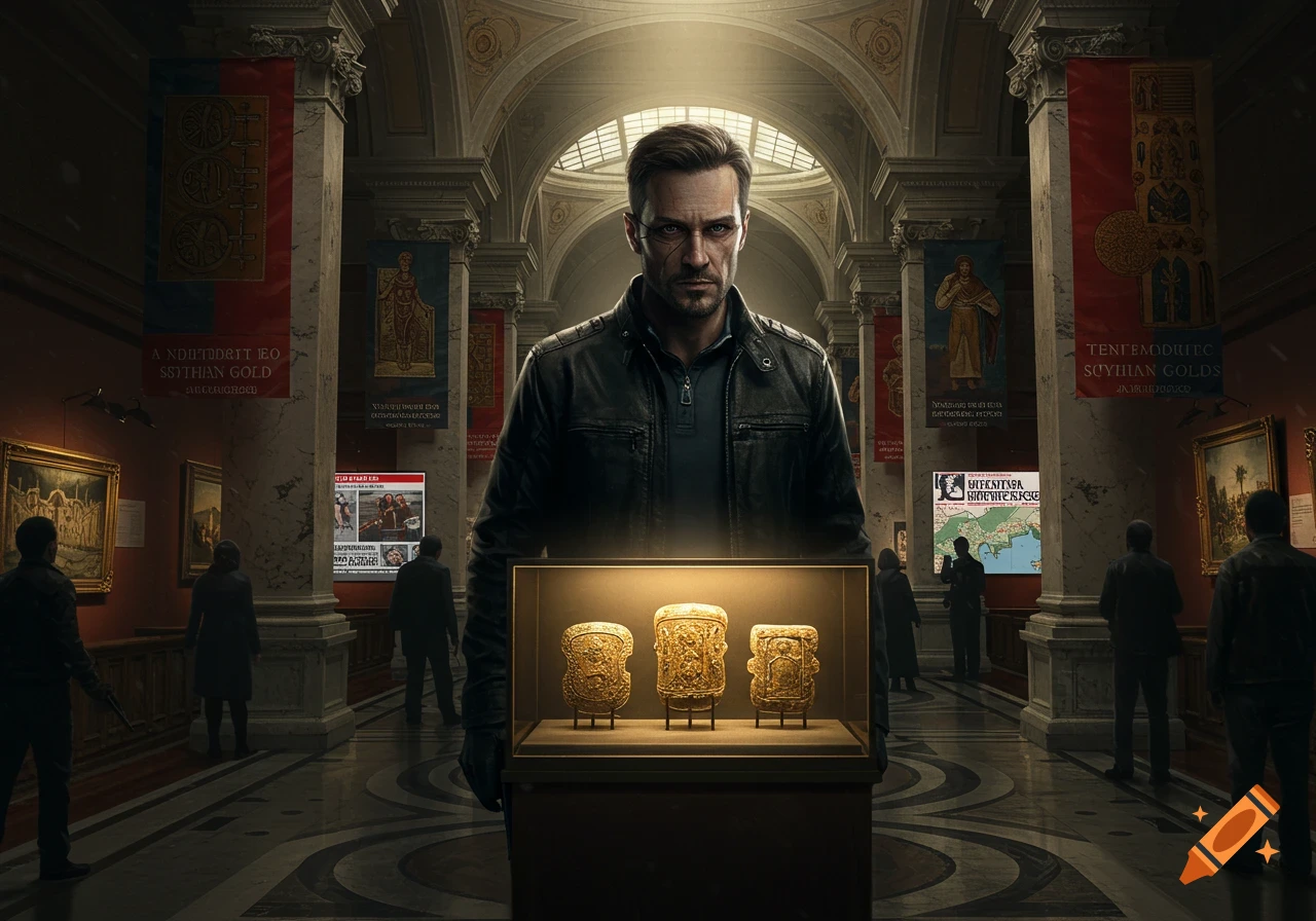 A man in a leather jacket stands in a grand museum hall, illuminated by a spotlight, looking at the viewer. Three ancient golden artifacts are displayed in a glass case in front of him, glowing brightly. Other shadowy figures are in the background.