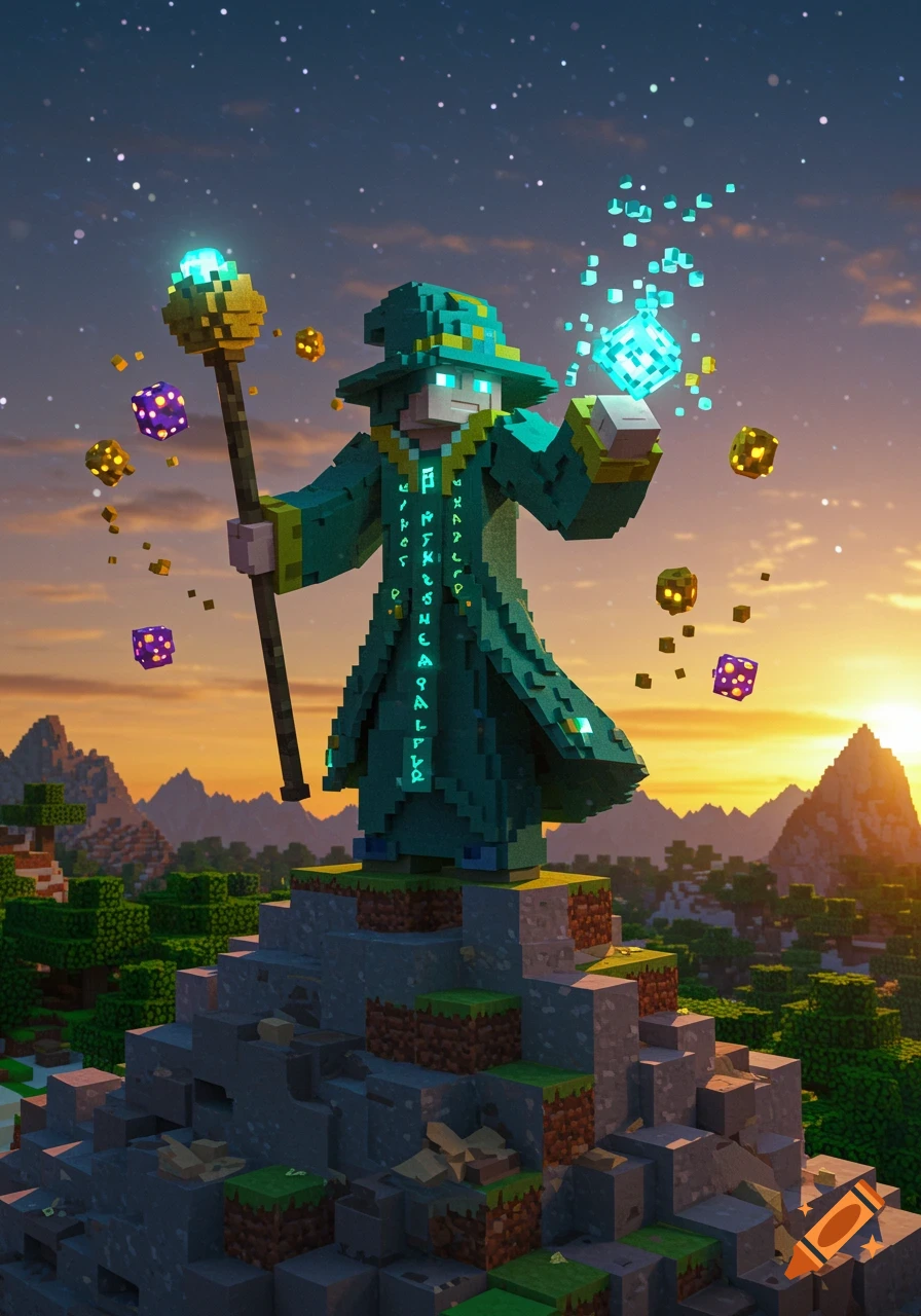 Blocky Minecraft-style wizard on a mountain at sunset, holding a staff and casting a spell with glowing runes.